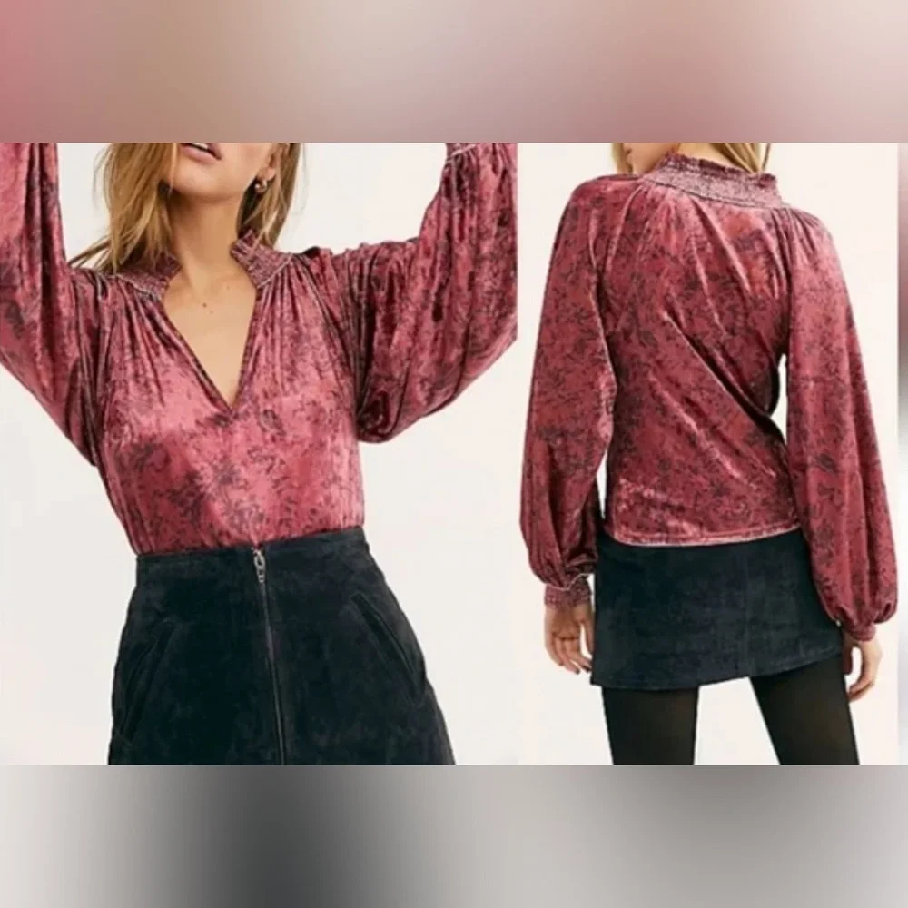Free People Red Go Get Em Velvet Blouse - Size XS